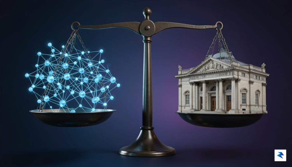 A conceptual digital illustration showing a complex network of floating&hellip;