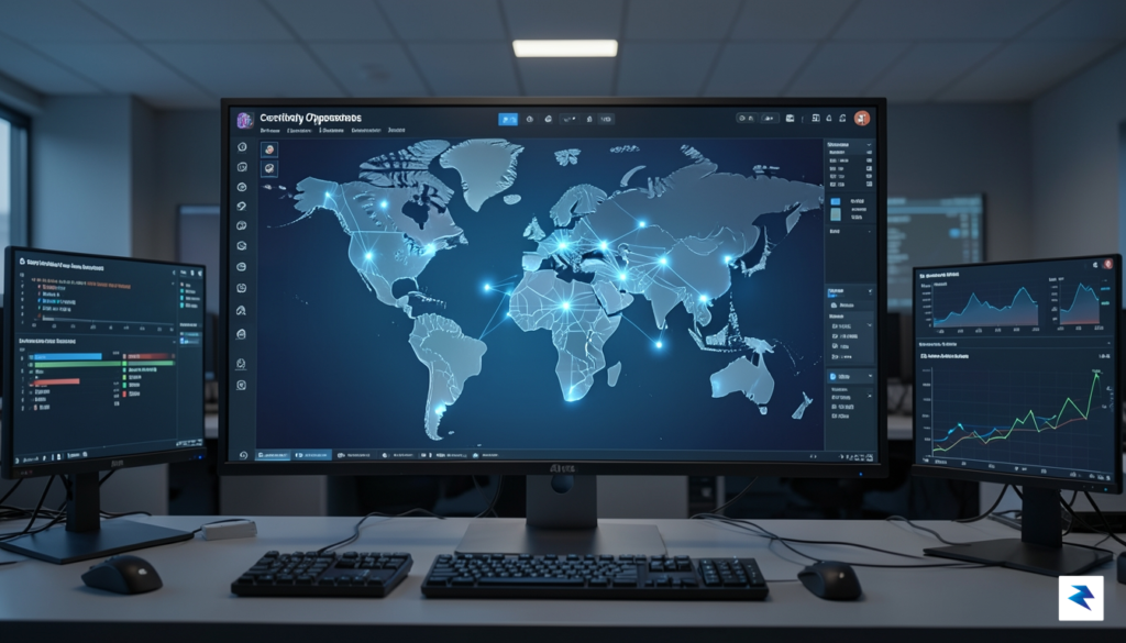 A modern cybersecurity operations center dashboard featuring a digital map&hellip;