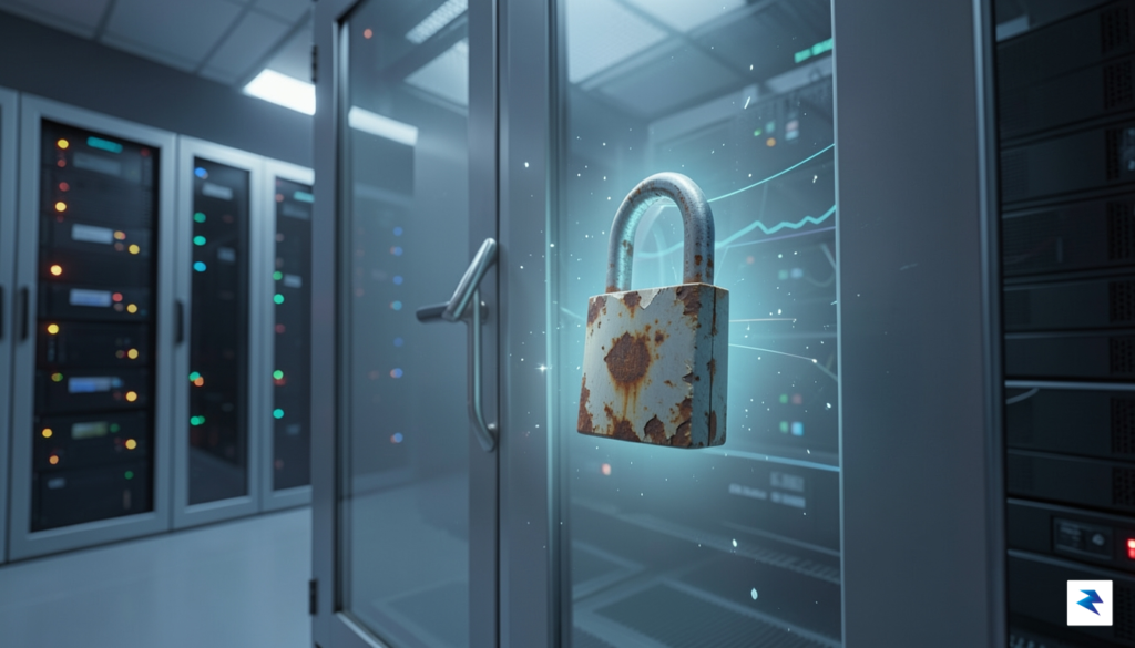 A conceptual digital security illustration showing a forgotten, dusty old&hellip;