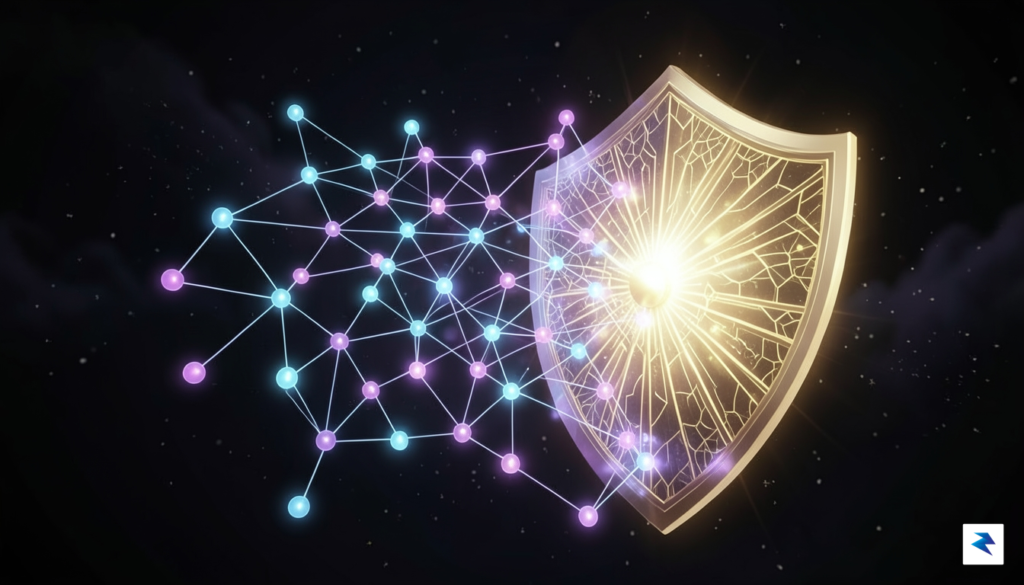 A conceptual digital security illustration showing a series of glowing&hellip;