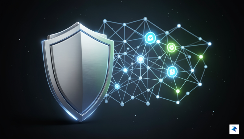 A digital security visualization showing a layered shield protecting a&hellip;