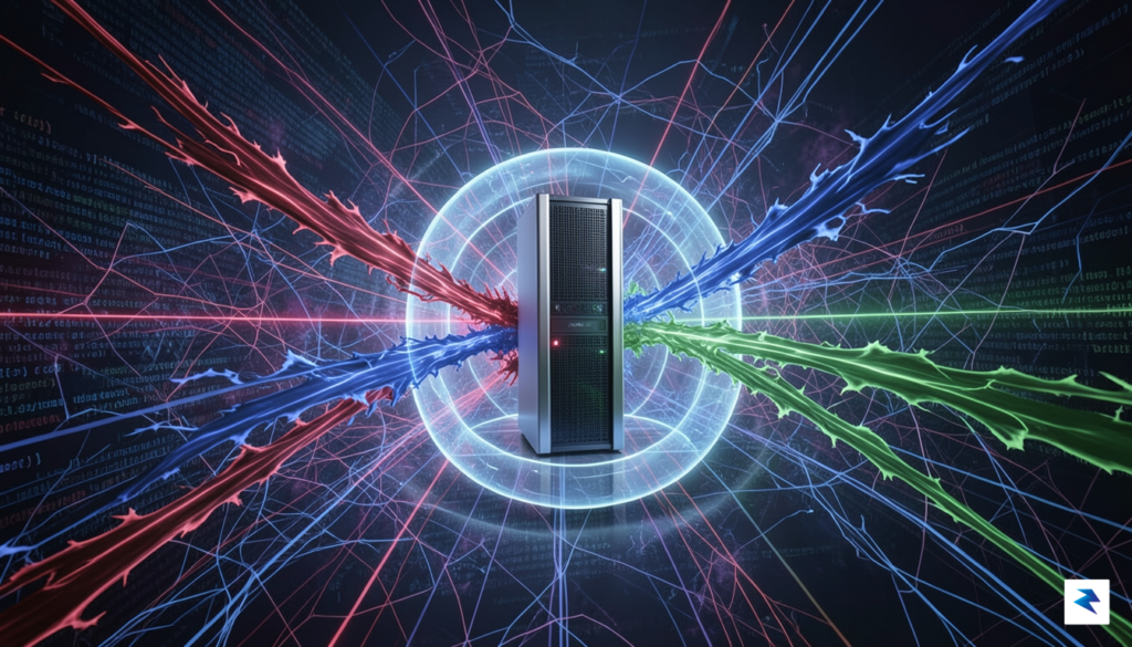 A digital visualization of a multi-layered cyberattack, showing a central&hellip;