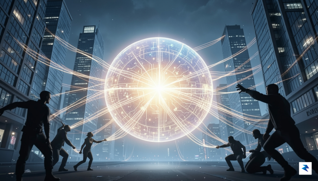 A conceptual digital visualization showing a central, glowing data hub&hellip;