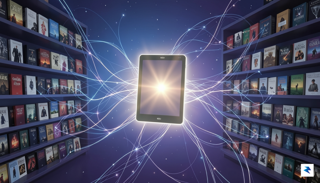 A conceptual digital illustration showing a glowing Kobo e-reader device&hellip;
