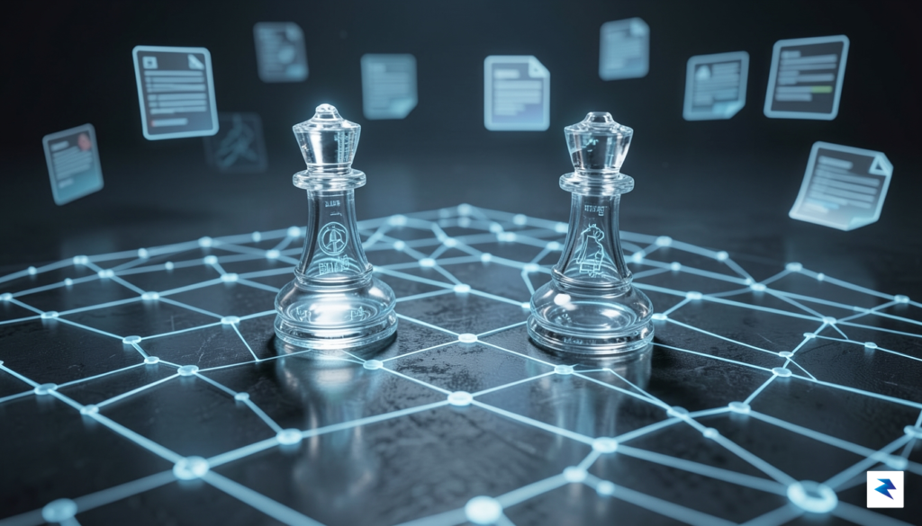 A conceptual digital illustration showing two glass chess pieces representing&hellip;