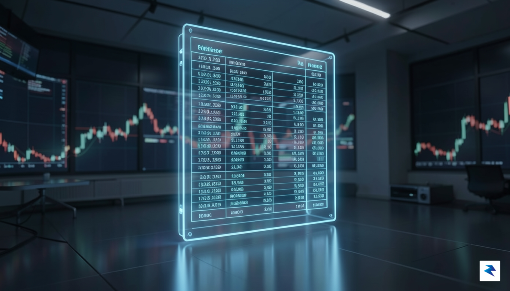 A conceptual, high-tech digital visualization of a transparent financial ledger&hellip;