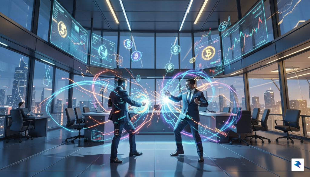 A conceptual digital illustration showing a high-tech courtroom backdrop with&hellip;