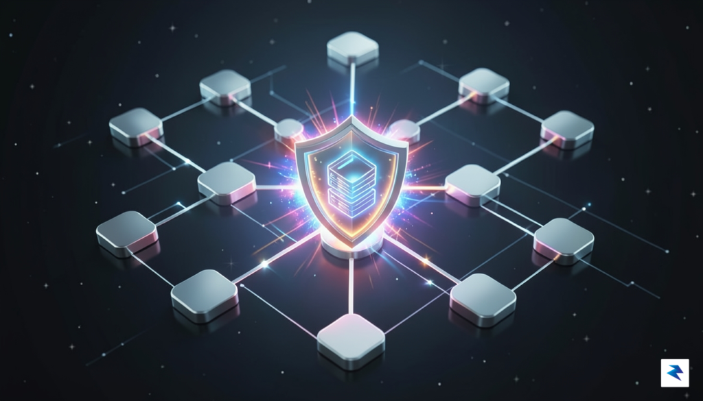A conceptual digital security illustration showing a network of interconnected&hellip;
