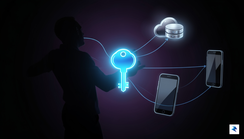 A conceptual digital illustration showing a glowing digital key icon&hellip;