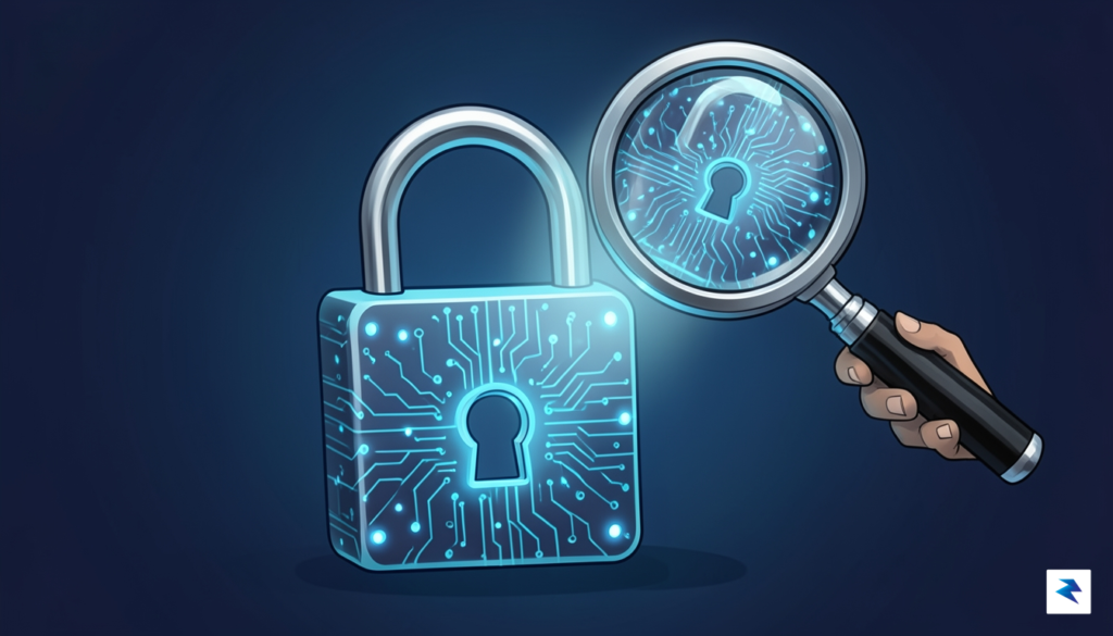 A conceptual illustration showing a digital padlock being inspected by&hellip;