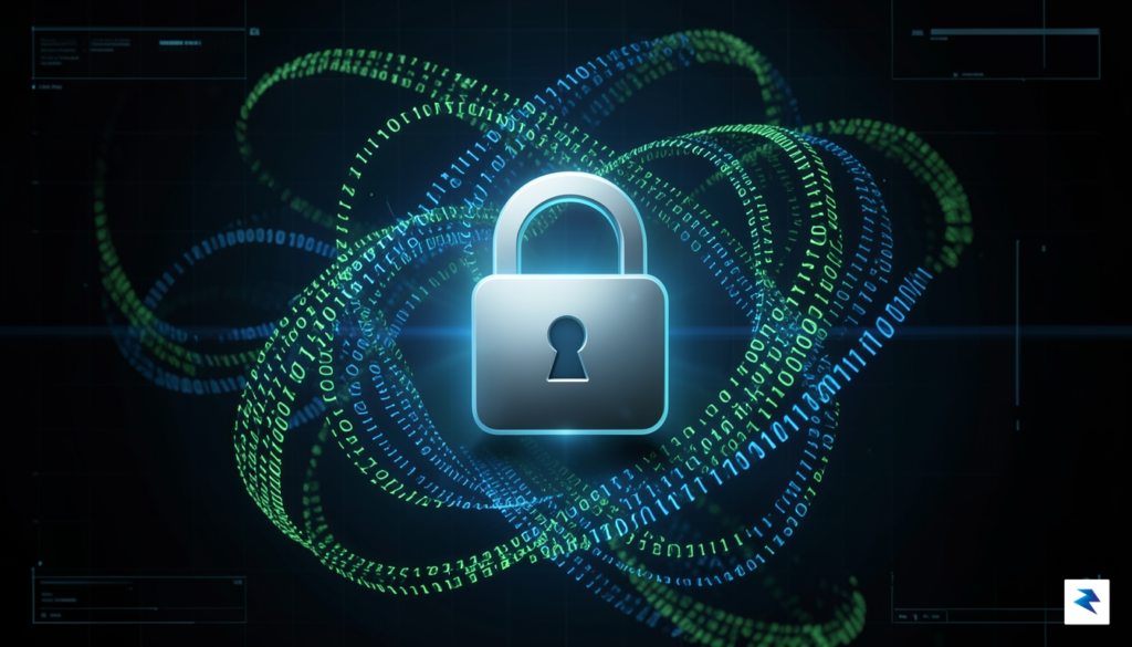 A digital security concept graphic showing a stylized, glowing padlock&hellip;