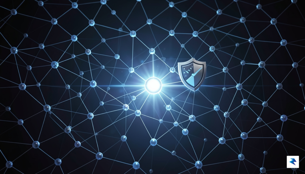 A digital security concept illustration showing a complex network of&hellip;