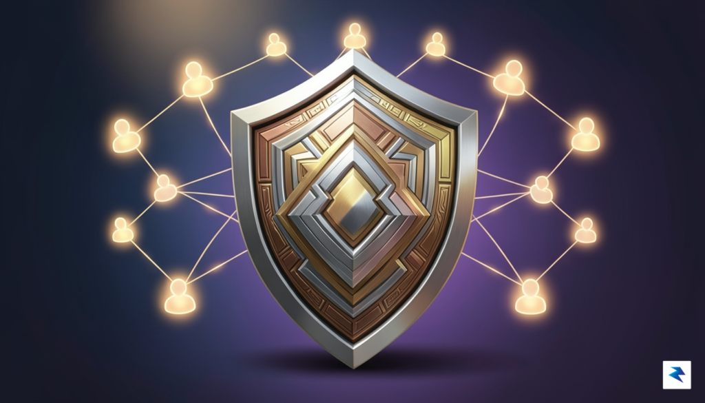 A conceptual digital security illustration showing a layered shield protecting&hellip;