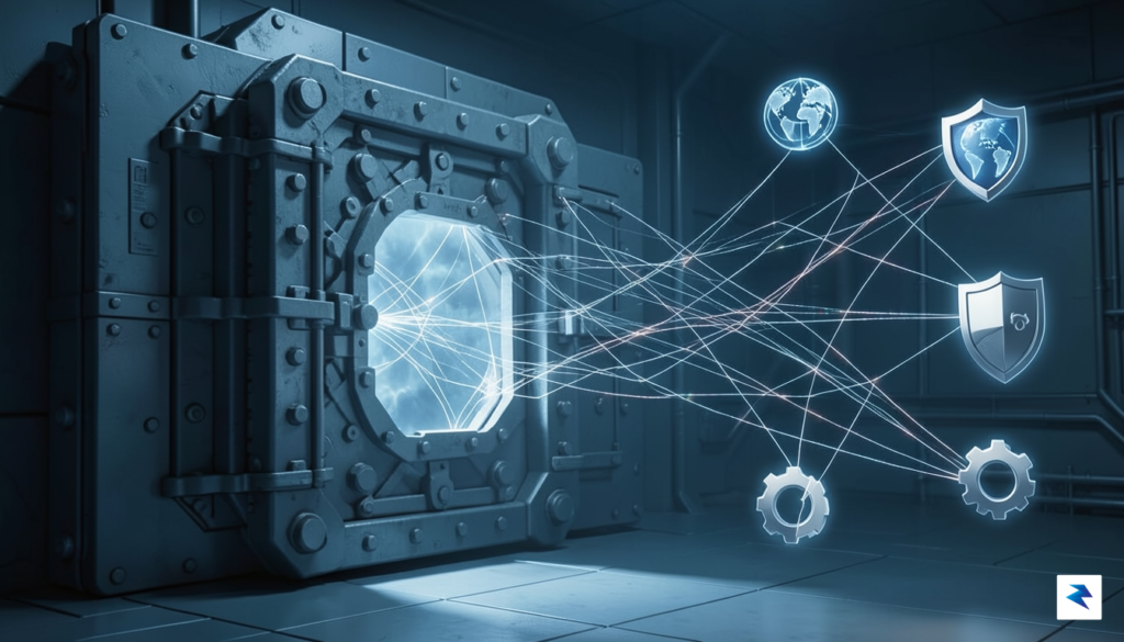 A conceptual illustration showing a secure vault door connected to&hellip;