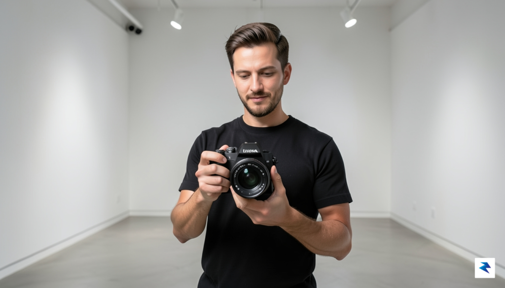 A professional photographer standing in a minimalist, high-end studio holding&hellip;