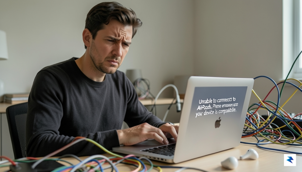 A person looking frustrated while trying to connect their AirPods&hellip;
