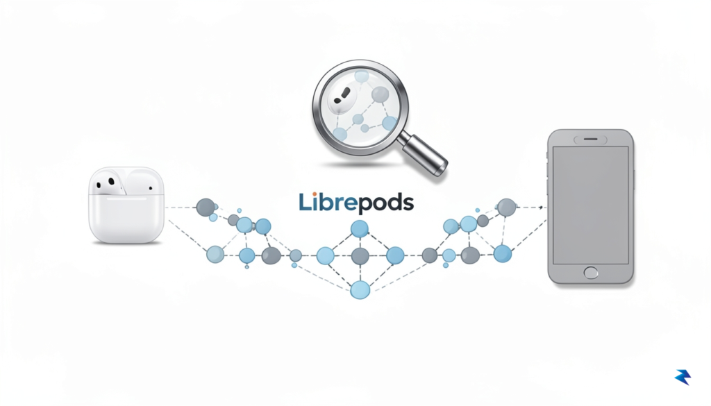 A diagram showing data packets flowing between an AirPod icon&hellip;