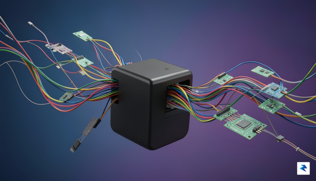 A stylized illustration of wires and circuit boards unraveling from&hellip;