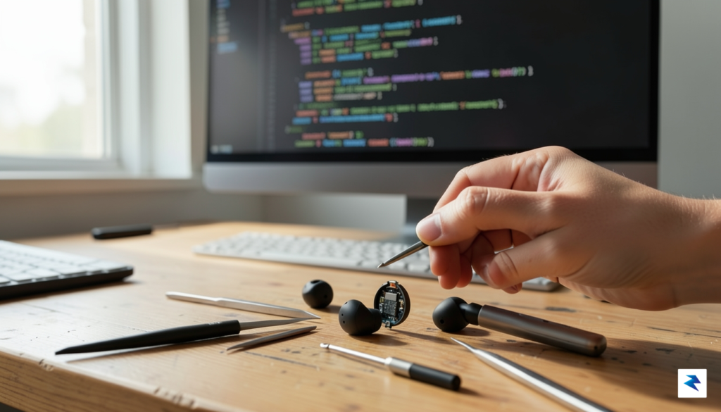 A close-up of a pair of wireless earbuds being carefully&hellip;