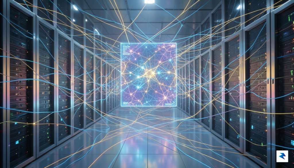 A futuristic, abstract visualization of a next-generation supercomputer data center,&hellip;