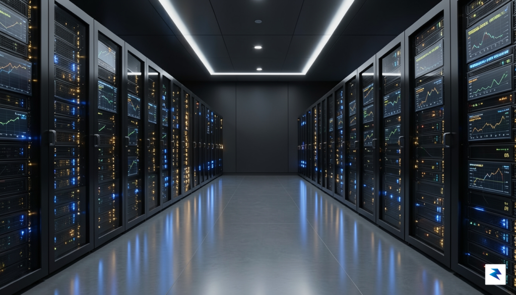 A sleek, futuristic server room with rows of glowing blue&hellip;