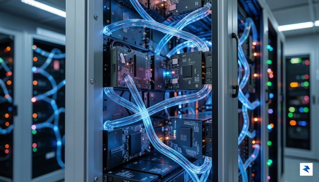 A detailed close-up shot of an intricate, glowing server rack&hellip;