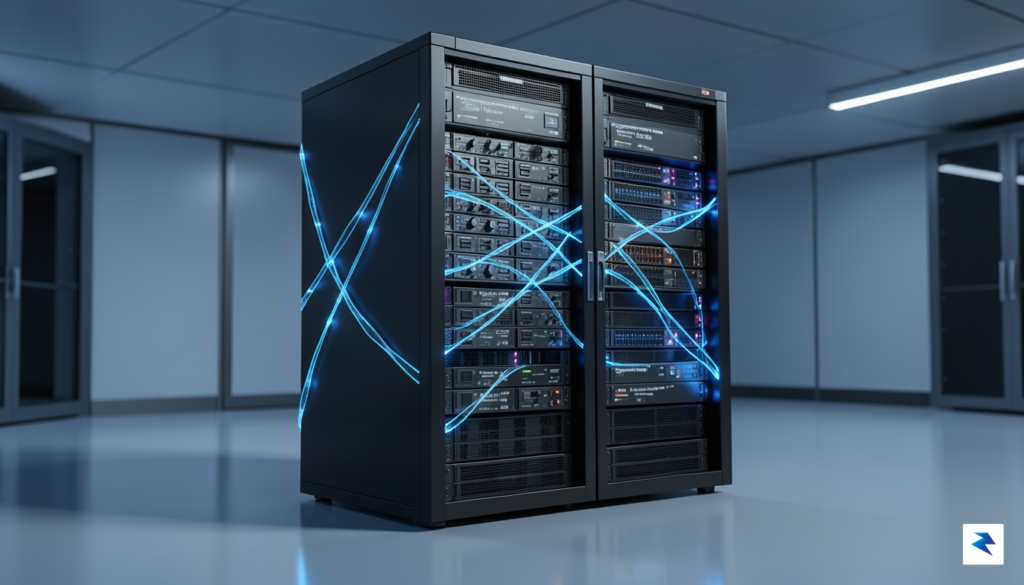 A detailed 3D render of a futuristic supercomputer server rack&hellip;