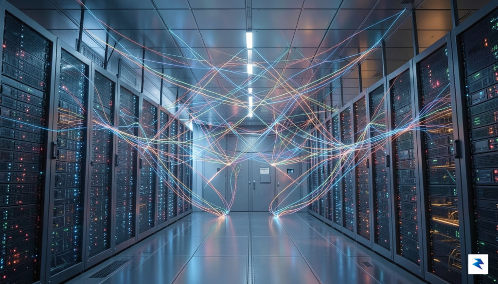 A conceptual digital visualization showing a massive, glowing server room&hellip;