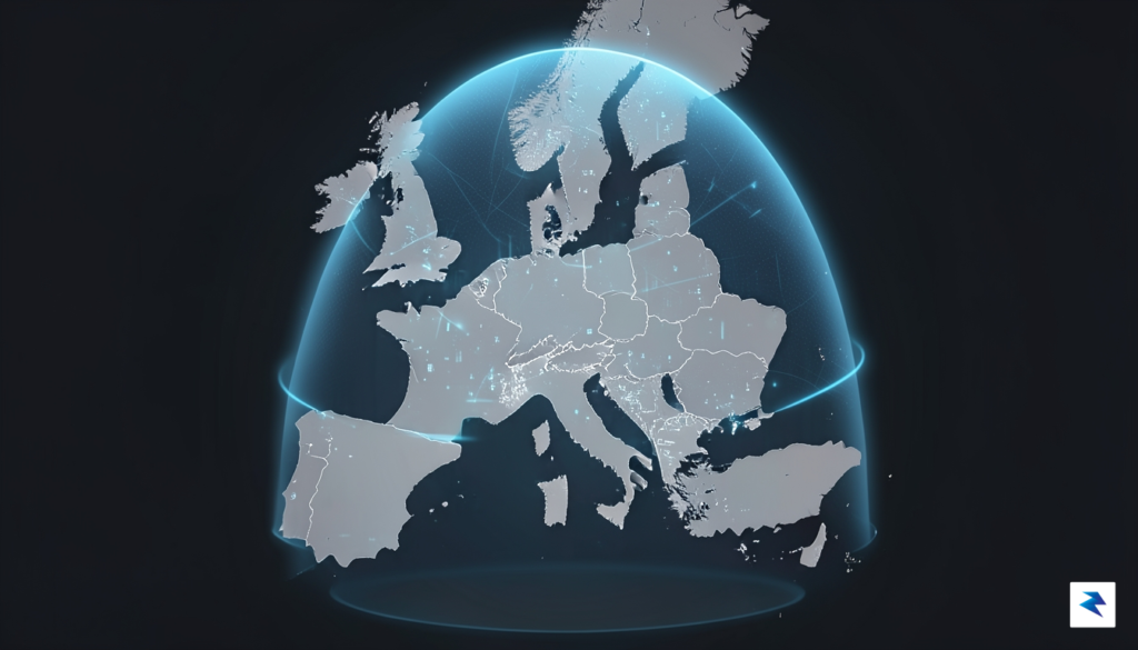 A conceptual illustration showing a digital map of Europe glowing…