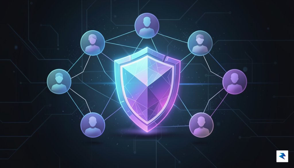 A clean, modern digital security concept showing a glowing shield…