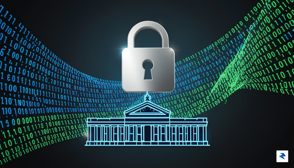A digital security concept graphic showing a padlock icon hovering…
