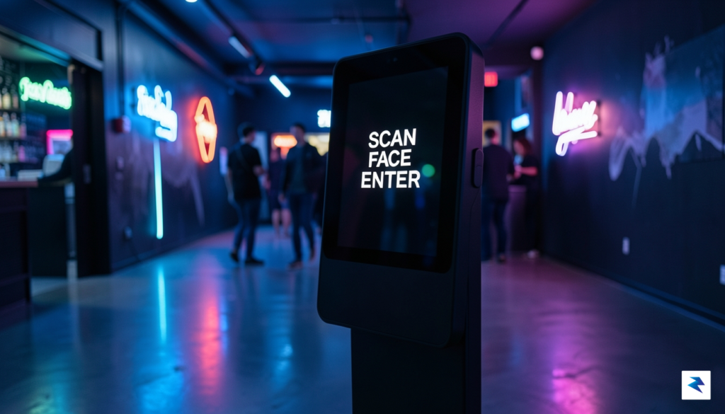 A sleek, modern digital facial scanner mounted at the entrance…
