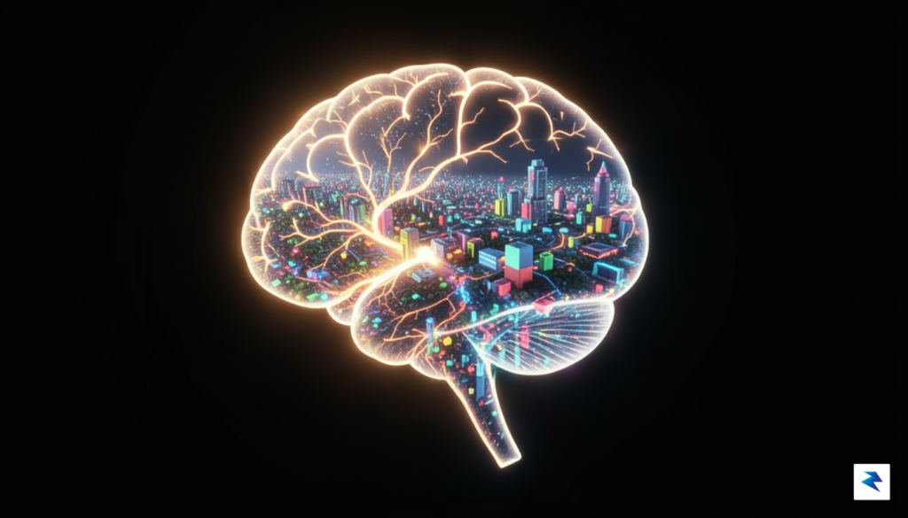 A conceptual illustration showing a glowing, intricate human brain silhouette&hellip;