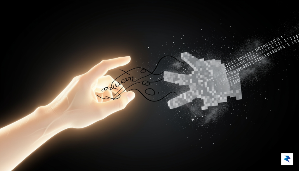 A conceptual digital illustration showing a glowing, translucent human hand&hellip;