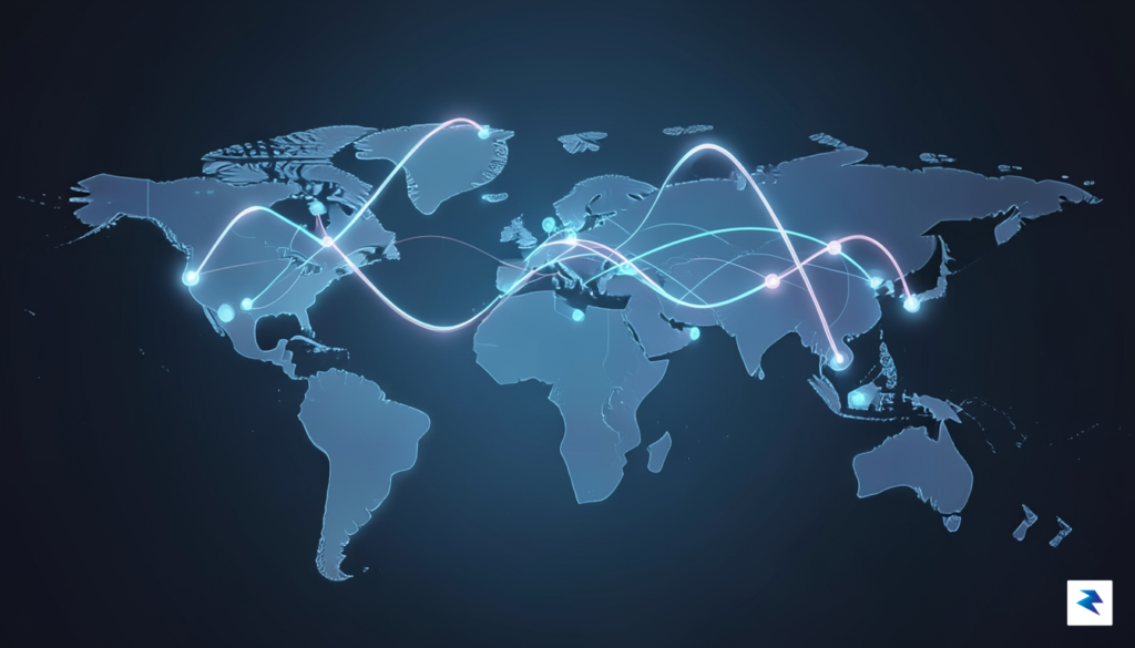A conceptual digital visualization of a glowing, interconnected global network&hellip;