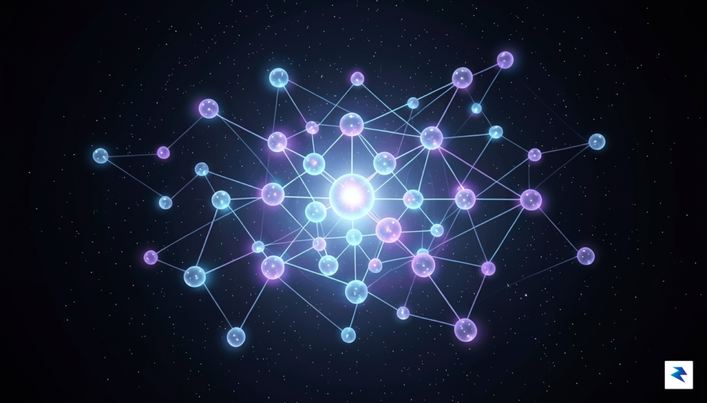 A digital visualization of a glowing, interconnected network of nodes&hellip;