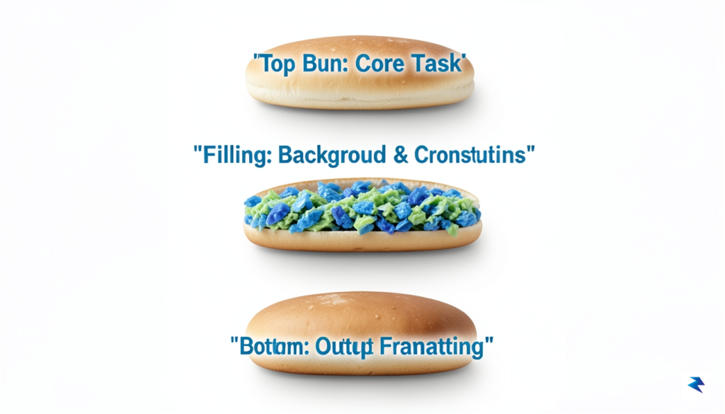 A clean, modern infographic illustrating the "Context Sandwich" prompt formula,&hellip;