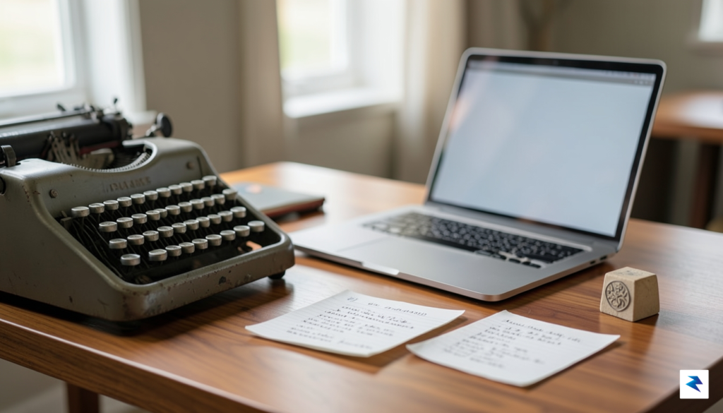 A close-up, high-definition photograph of a professional writer's workspace, featuring&hellip;
