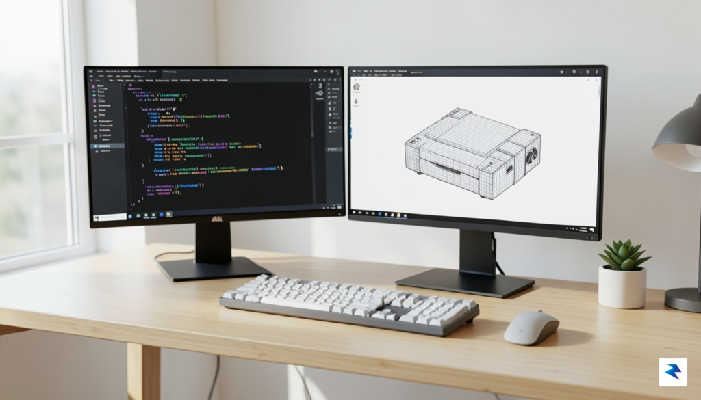 A clean, minimalist workspace featuring a dual-monitor setup: one displaying&hellip;