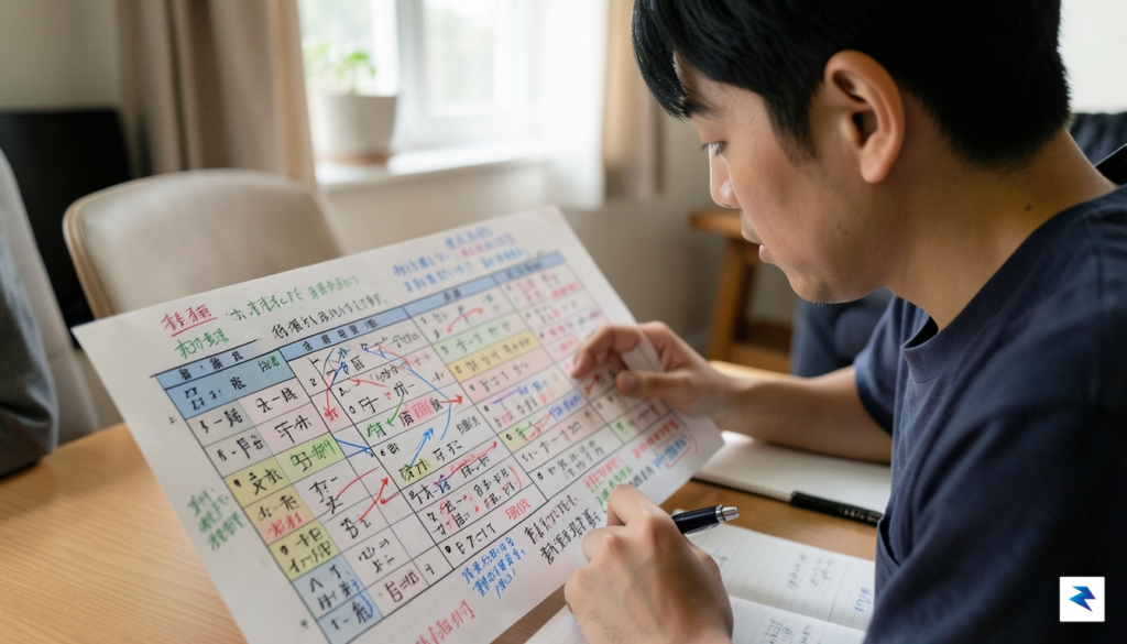 A person looking intently at a complex Japanese verb conjugation&hellip;