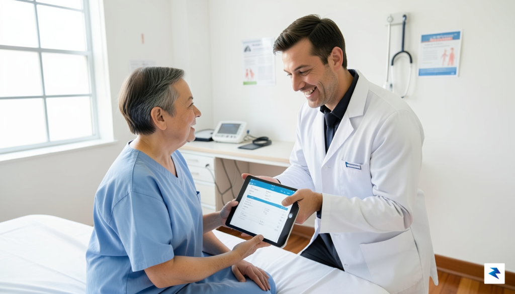 A close-up, professional photograph of a patient and a doctor…
