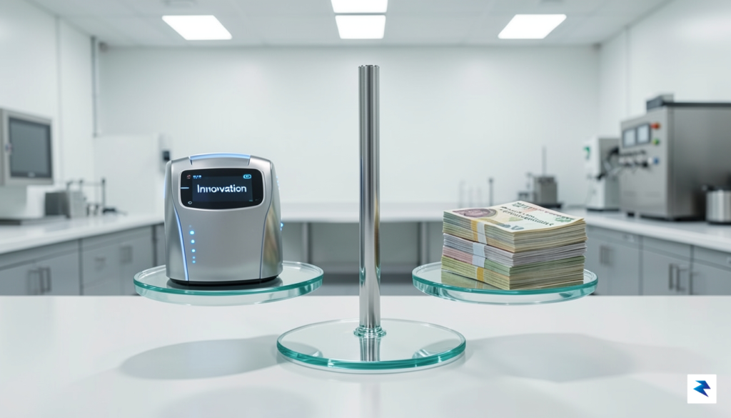 A conceptual illustration showing a clear glass scale, with one…