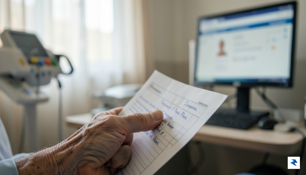 A close-up, compassionate photograph of an elderly patient’s hand holding…