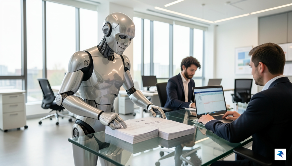 A sleek, modern humanoid robot standing in a bright, contemporary&hellip;