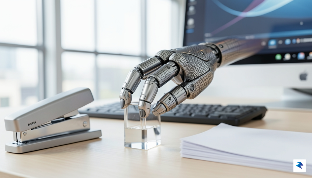 A close-up shot of a humanoid robot hand interacting with&hellip;