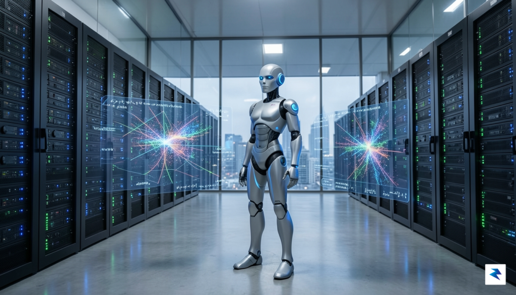 A sleek, high-tech laboratory setting featuring a humanoid robot standing&hellip;