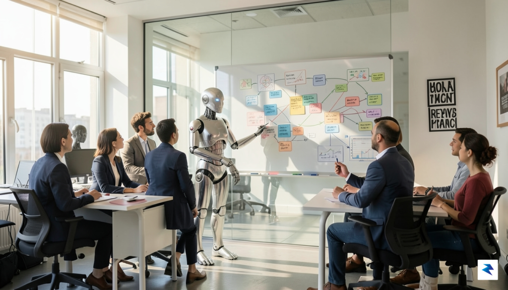A modern, open-plan office setting where a sleek, metallic humanoid&hellip;