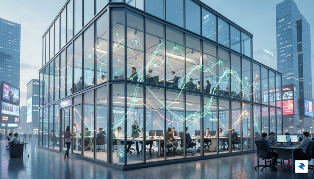 A conceptual digital illustration showing a glass office building with&hellip;