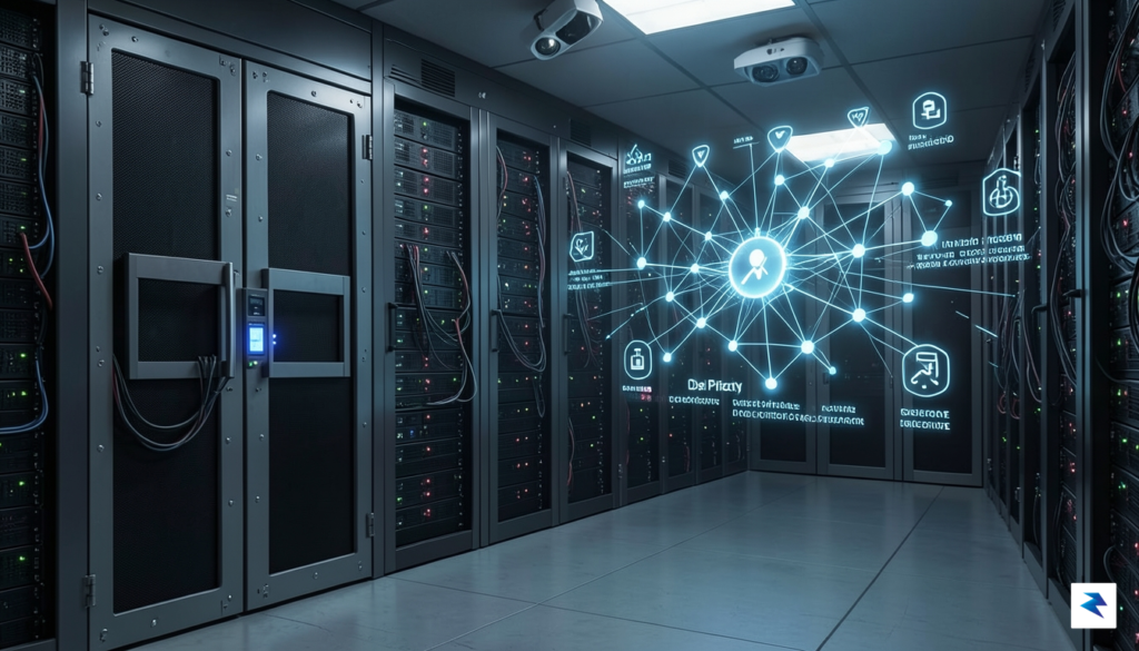 A conceptual digital illustration showing a secure, locked server room&hellip;