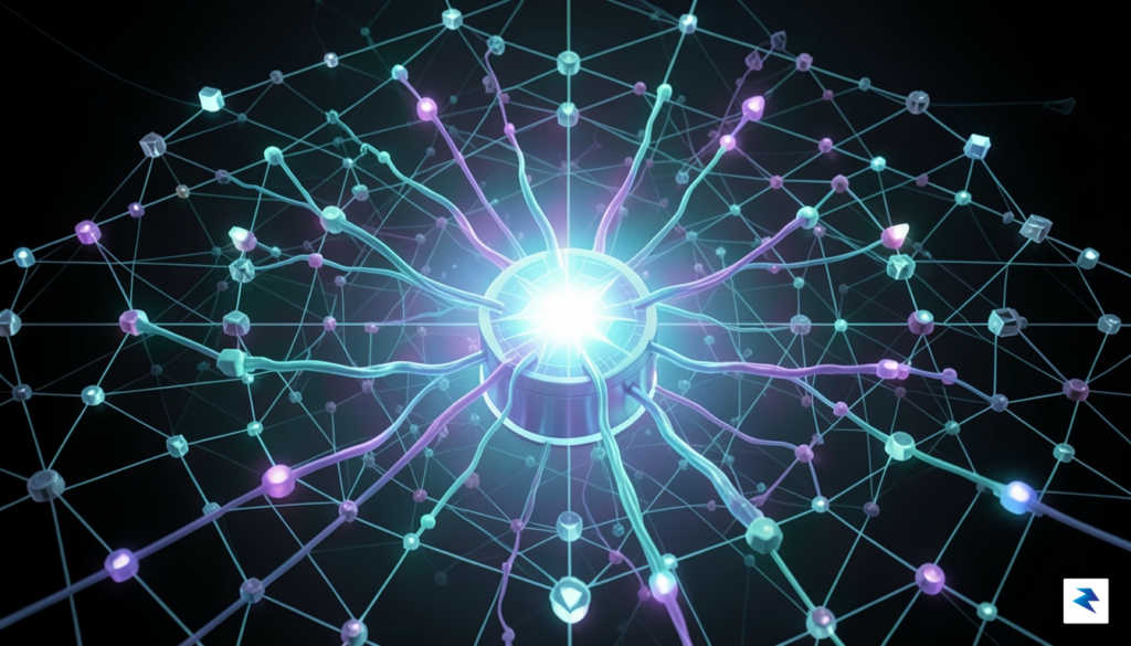 A conceptual digital illustration showing a glowing, centralized data hub&hellip;